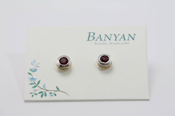 Silver Ruby Stud Earrings with delicate 14 carat gold