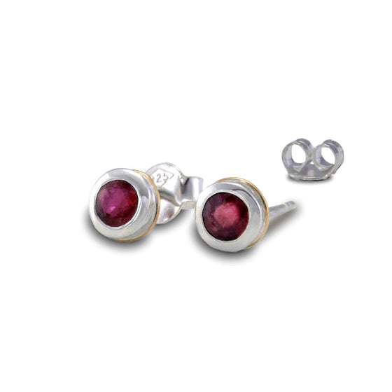 Silver Ruby Stud Earrings with delicate 14 carat gold