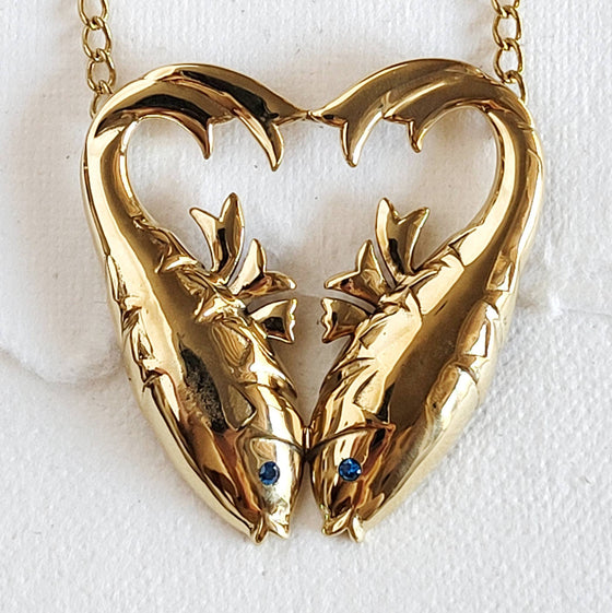 Brass double fish  heart aquamarine pendant Necklace